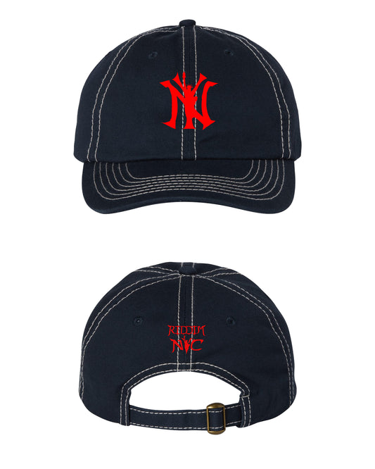 Riddim NY Navy and white stone stitch with red logo